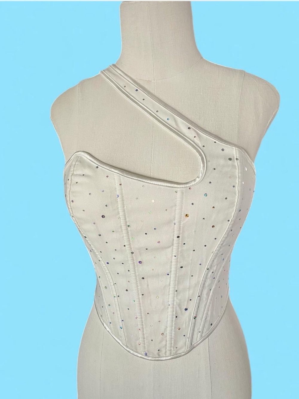 White Corset Top with Iridescent Embellishments